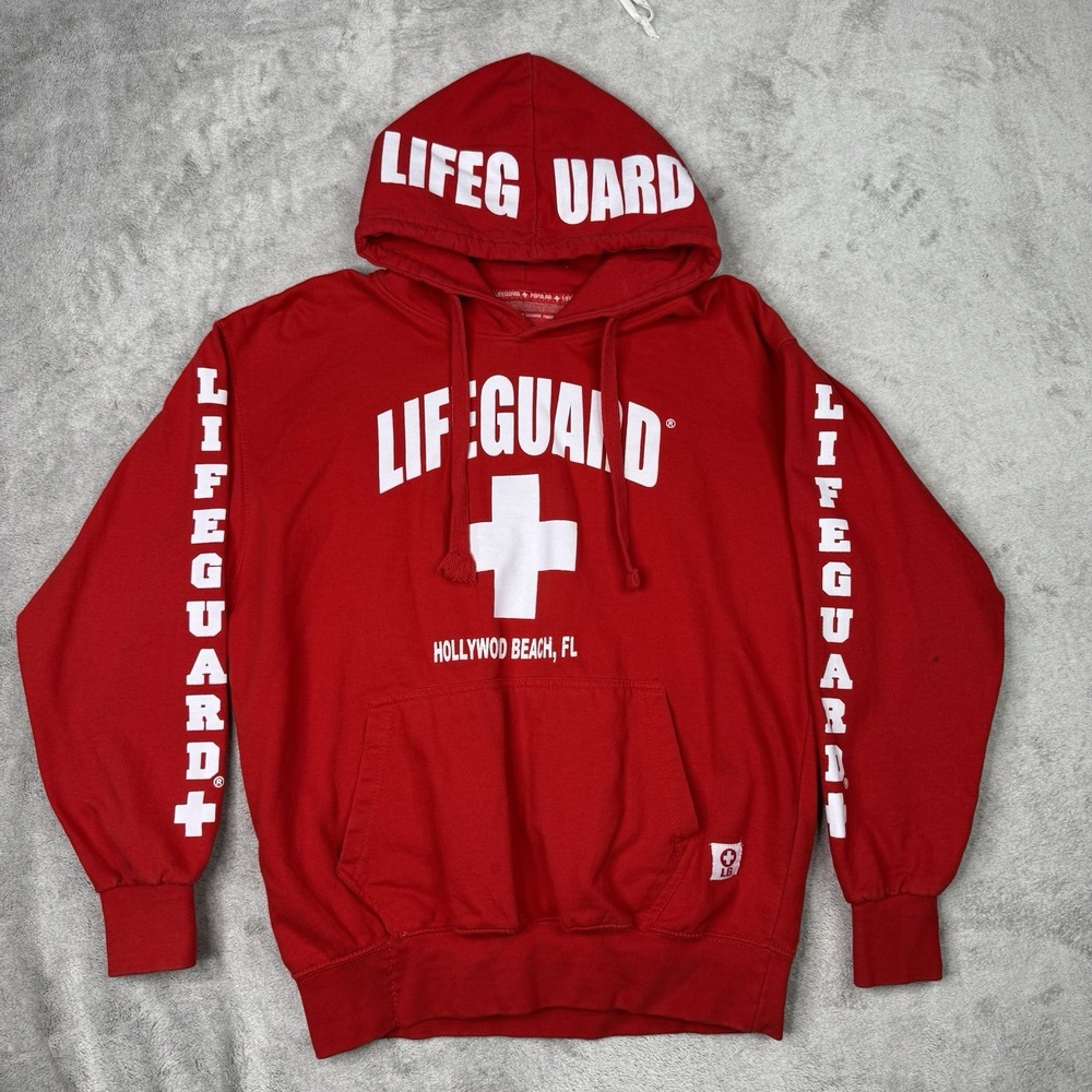Lifeguard Red Fleece Pullover Hoodie Hollywood Beach FL Men's M Hooded Pockets